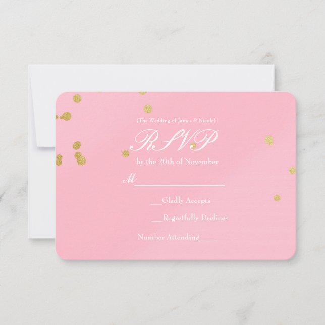 Convite de cartão de RSVP rosa e dourado com confe (Frente)