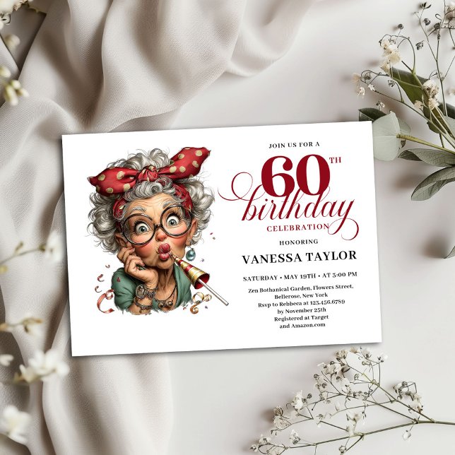 Convite de Cartão para 60º Aniversário Excêntrico  (60th Birthday Invite Card Quirky Funny Old Lady)