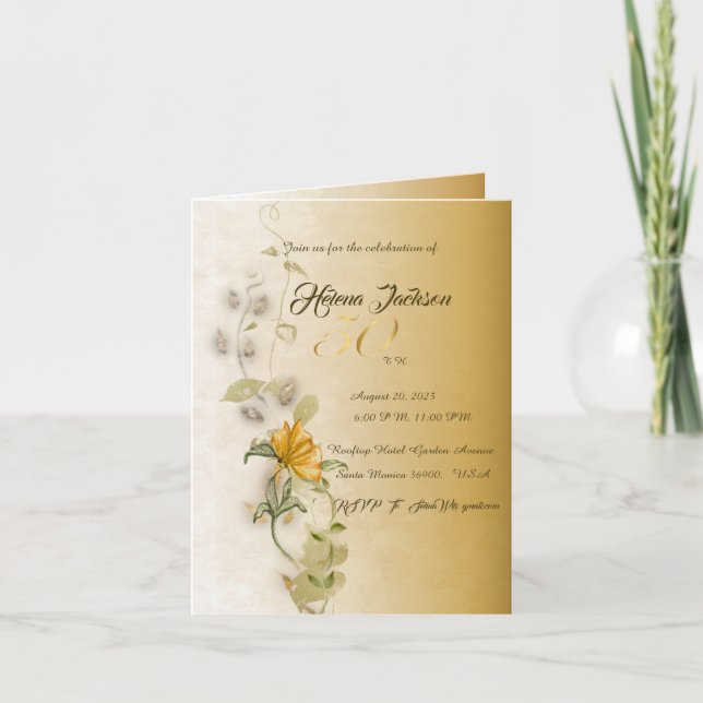 Convite de cartão para aniversário de 50 anos dour (Frente)