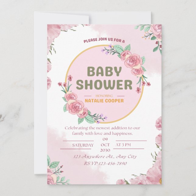 Convite de cartão para chá de bebê com flores cor- (Frente)