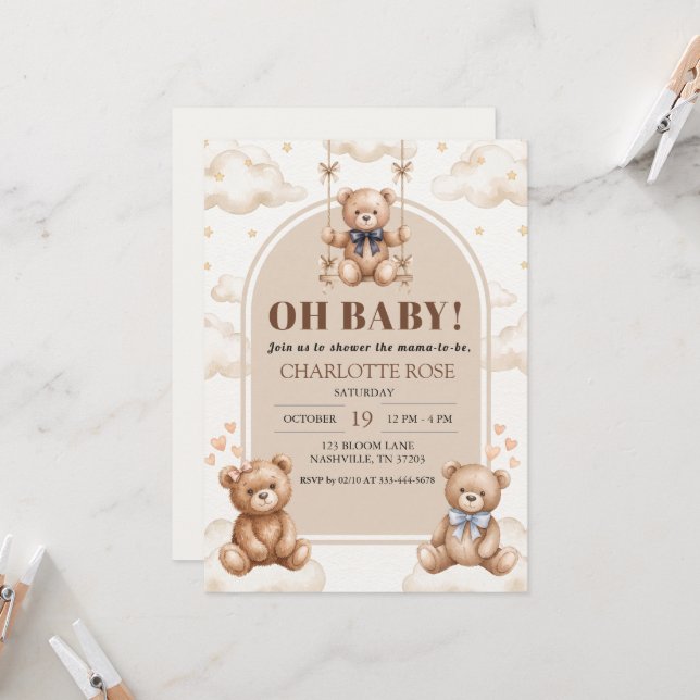 Convite de Cartão para Chuveiro de Bebê com Urso e (Frente/Verso In Situ)