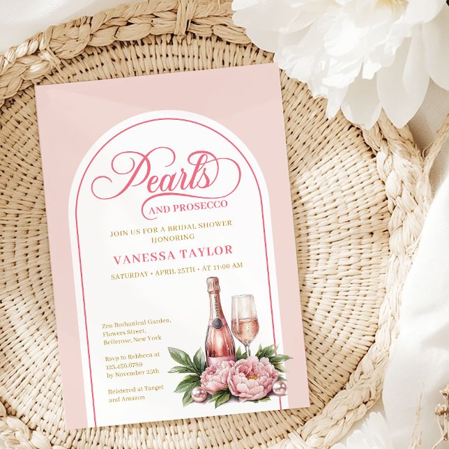 Convite de Cartão para Chuveiro de Pérolas Clássic (Classic Pearls and Prosecco Shower Invite Card)