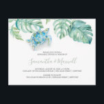 Convite de cartão postal para jantar de ensaio tro<br><div class="desc">Convide os convidados para o jantar de ensaio com meu convite de cartão postal tropical. O design apresenta minha tartaruga marinha original em aquarela e folhas de palmeira monstera em tons de verde, turquesa e azul. Seus nomes são definidos em uma tipografia moderna de letra manuscrita. O cartão reverte para...</div>