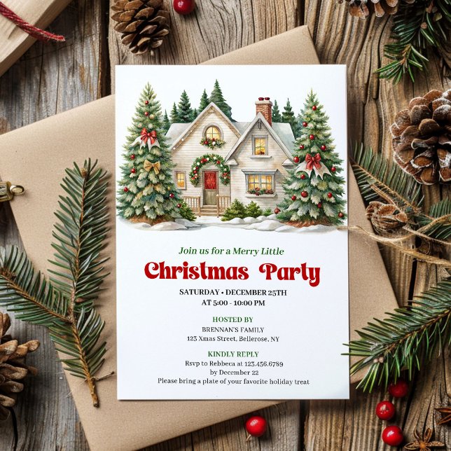 Convite de casa de Natal aconchegante e elegante e (Elegant Cozy Christmas house invitation watercolor)