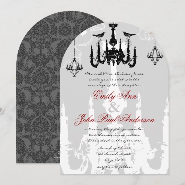 Convite de Casamento 3 Lustres Pretos Pássaros do  (Frente/Verso)