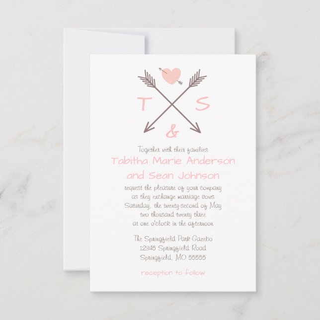 Convite de Casamento - 3x5 Coração Rosa com Flecha (Frente)