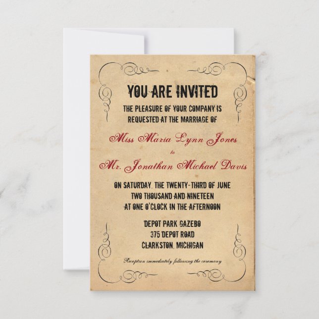 Convite de Casamento 3x5 em Papel Marrom Grunge Ve (Frente)