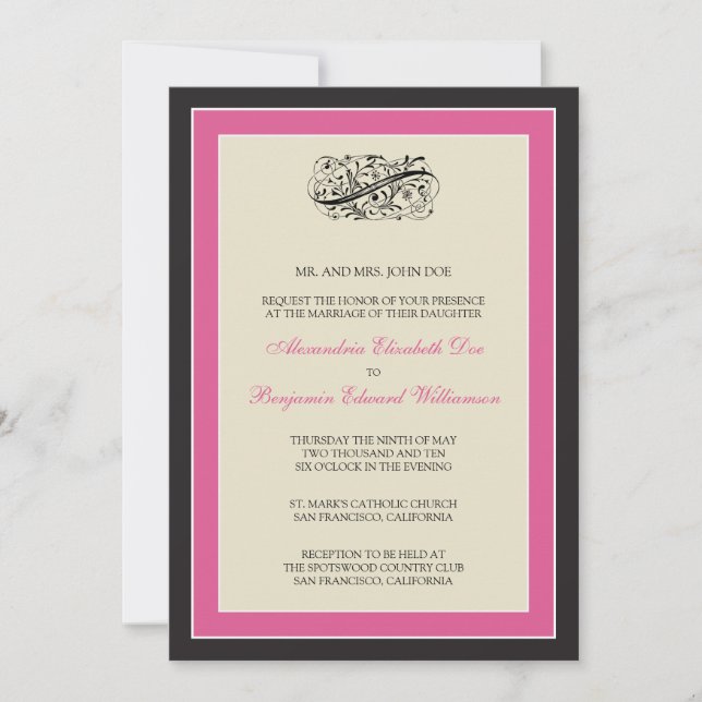 Convite de casamento 5 x 7 preto/fuschia simplesme (Frente)