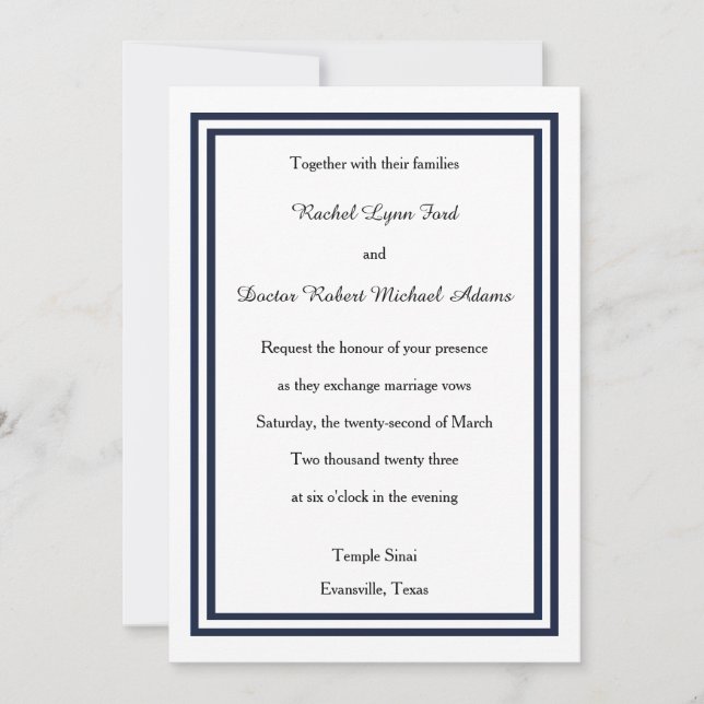 Convite de Casamento -5x7 com Dupla Tarja Navy (Frente)