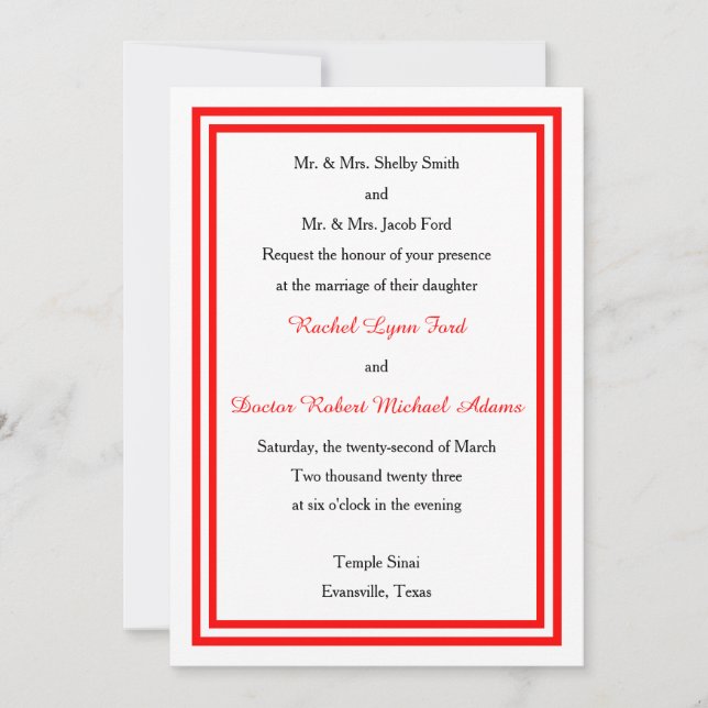 Convite de Casamento 5x7 - Corte Duplo Vermelho (Frente)
