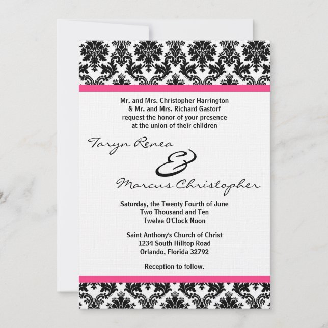 Convite de Casamento 5x7 Preto Damask e Linho Rosa (Frente)
