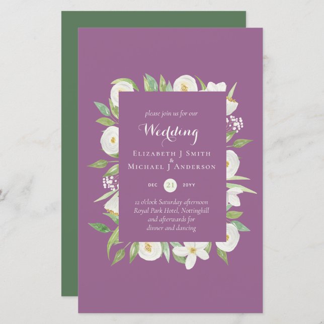 Convite de casamento A9 Verde Verde-Mauve Floral (Frente/Verso)