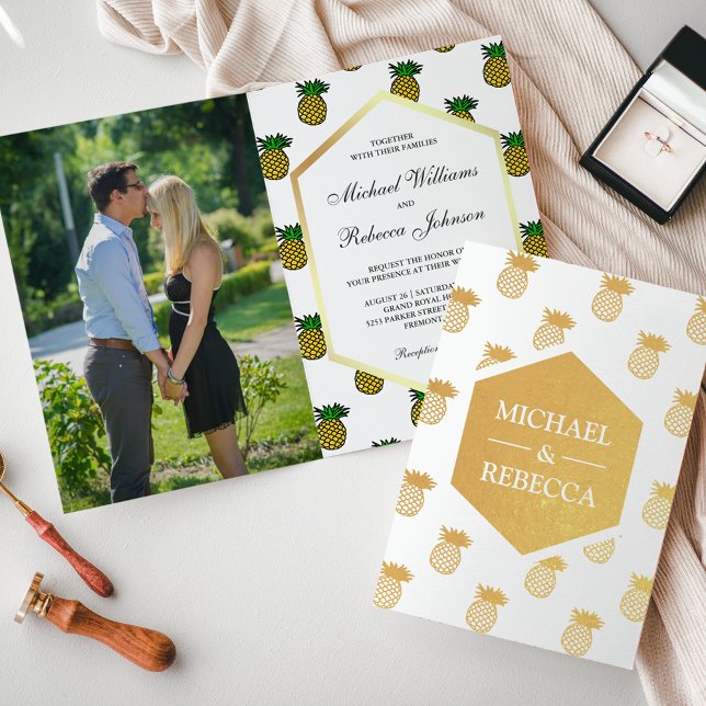 Convite de Casamento Abacaxis Folha de Ouro Tropic (Criador carregado)