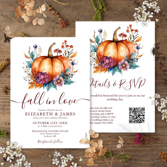 Convite de Casamento Abóbora Burgundy Fall In Love (Burgundy Fall In Love Pumpkin QR Code Wedding Invitation)