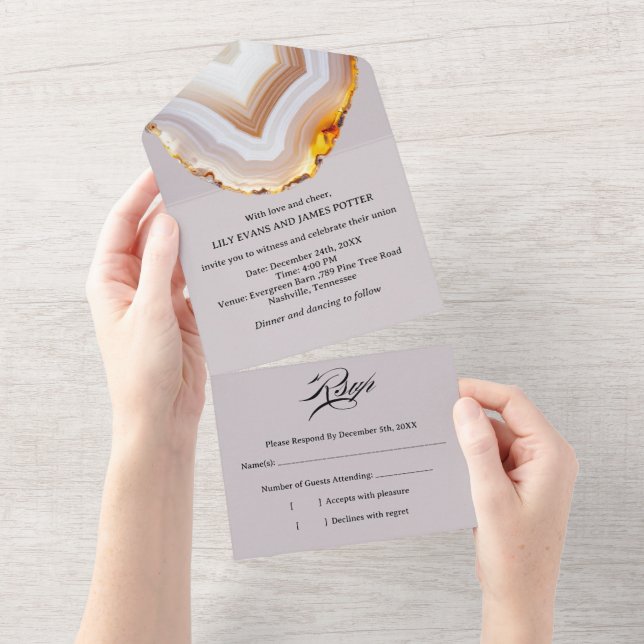 Convite de Casamento Abstrato em Ágata Cortada  (Aba destacável)