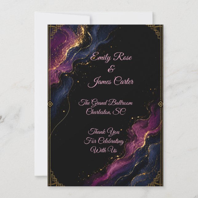 Convite de Casamento Abstrato em Preto Luxuoso Dou (Frente)