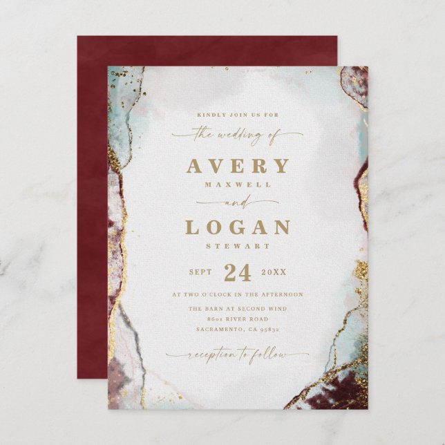 Convite de Casamento Abstrato Étereo Vinho e Doura (Frente/Verso)