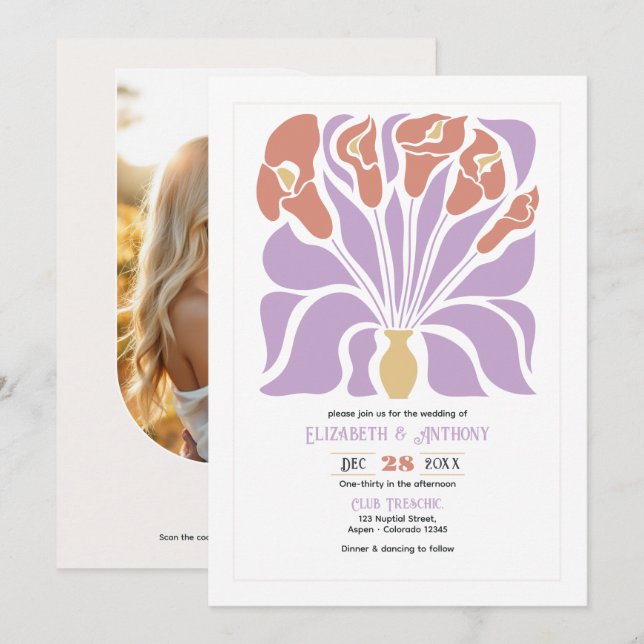 Convite de Casamento Abstrato Floral Boho Lilás e  (Frente/Verso)