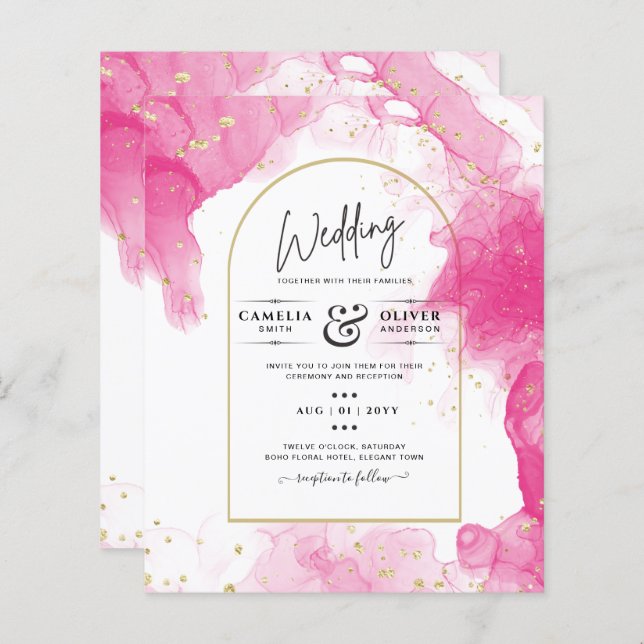 Convite de Casamento Abstrato LeahG PINK GOLD INK (Frente/Verso)