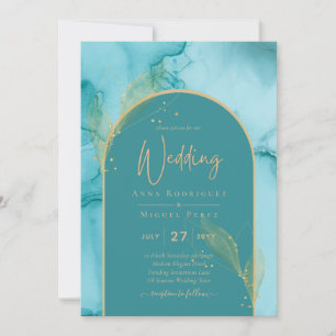 CONVITE DE CASAMENTO Abstrato Turiquoise Dourado
