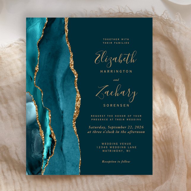 Convite de Casamento Ágata Azul Turquesa e Dourado (Criador carregado)