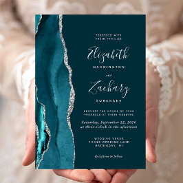 Convite de Casamento Ágata Prateado com Azul Escur