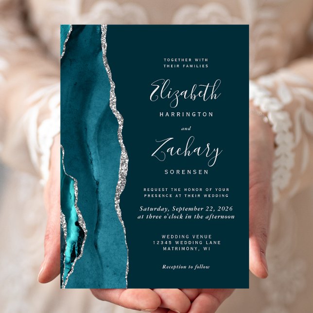Convite de Casamento Ágata Prateado com Azul Escur (Criador carregado)