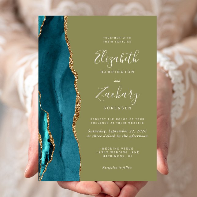 Convite de Casamento Ágata Verde Oliva Dourado Tur (Criador carregado)