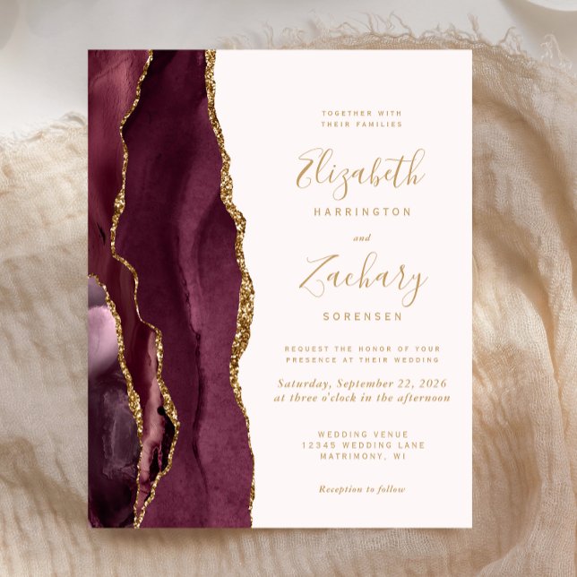 Convite de casamento Agate Blush Dourado Burgundy  (Criador carregado)