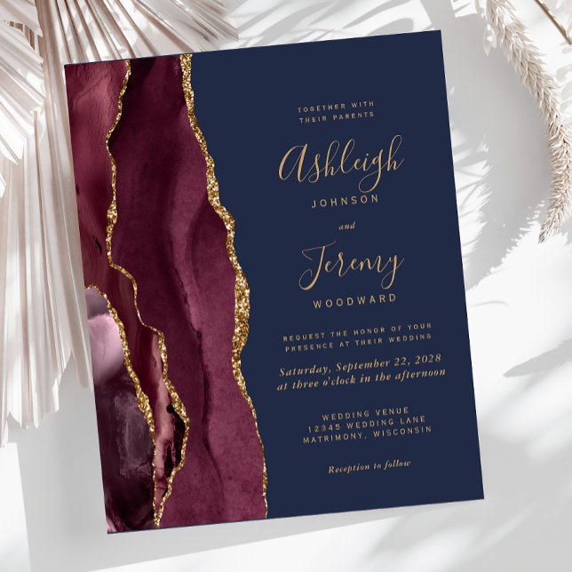 Convite de Casamento Agate Burgundy Azul Marinho O (Criador carregado)