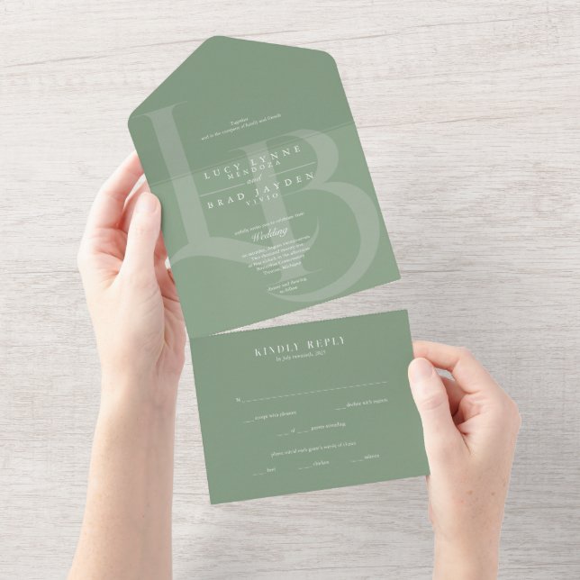 Convite de casamento All-in-One do Modern Sage | I (Aba destacável)