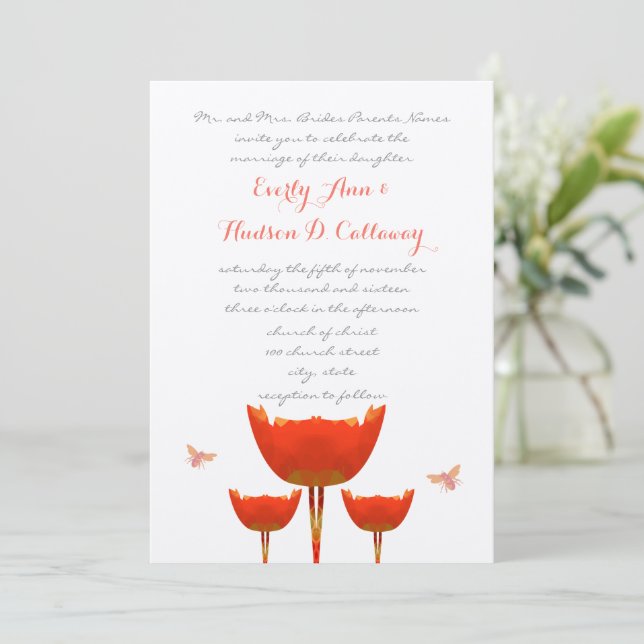 Convite de Casamento Amarelas Papoulas & Abelhas (Em pé/Frente)
