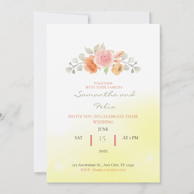 Convite de Casamento Amarelo Abstrato Com Rosas (Frente)