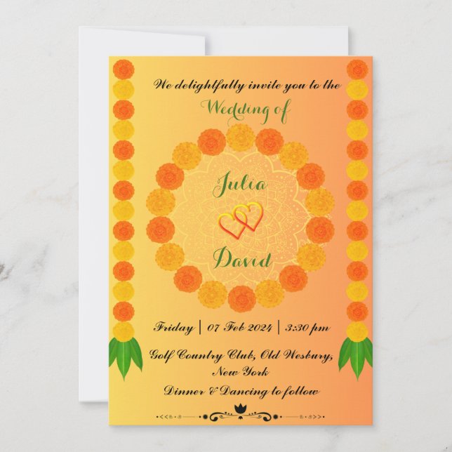 Convite de Casamento Amarelo Açafrão com Marigold (Frente)