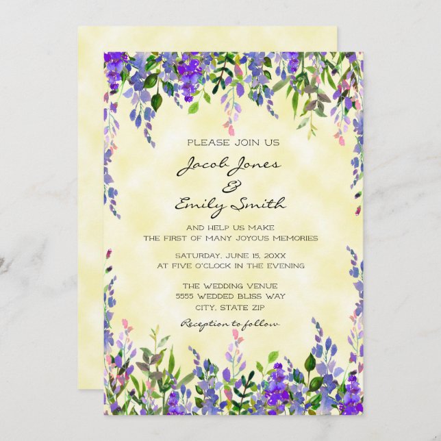 Convite de casamento Amarelo da Lavanda de Aquarel (Frente/Verso)