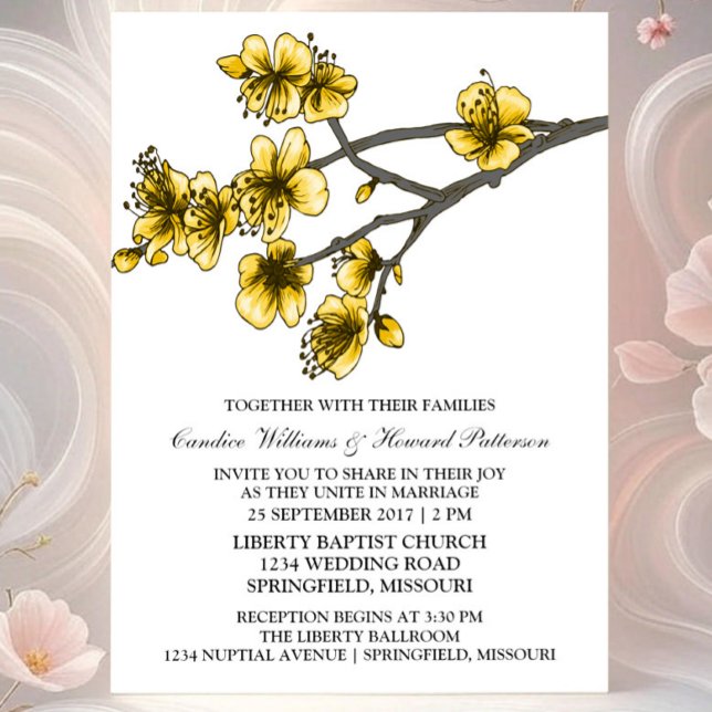 Convite de casamento Amarelo de Blossomas Simples (Yellow Simple Cherry Blossom Wedding Invite)