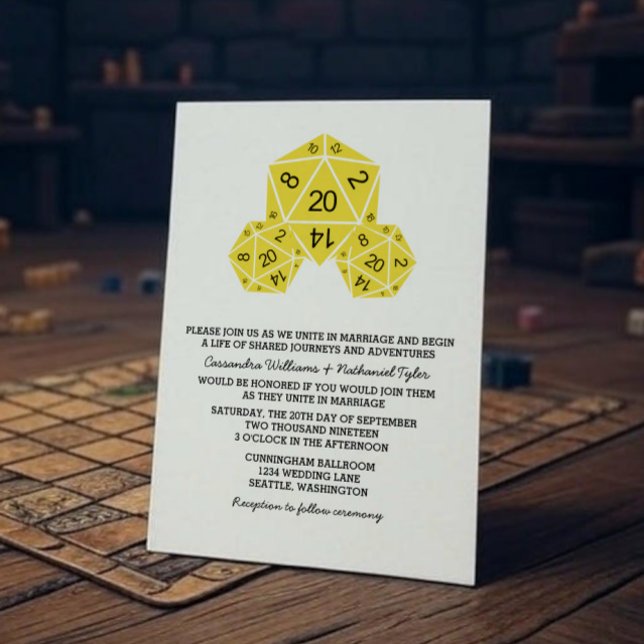 Convite de casamento amarelo de dispositivo D20 (Yellow D20 Dice Wedding Invite)