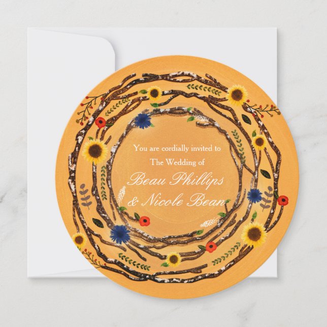 Convite de Casamento Amarelo Floral e Galhos Rústi (Frente)