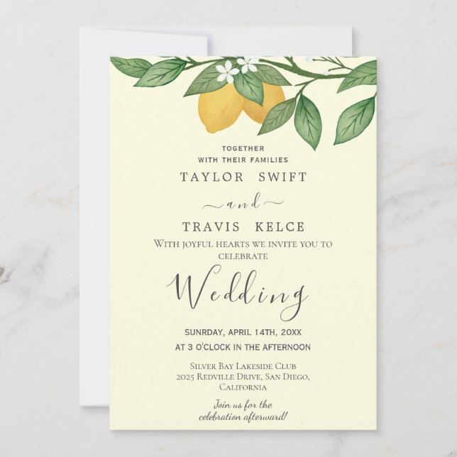 Convite de Casamento Amarelo Jardim de Limão (Frente)