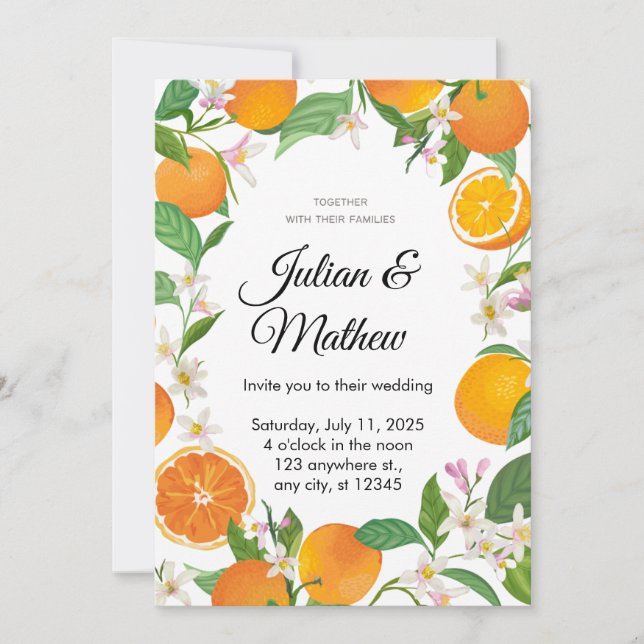 Convite de Casamento Amarelo Laranja Personalizar (Frente)