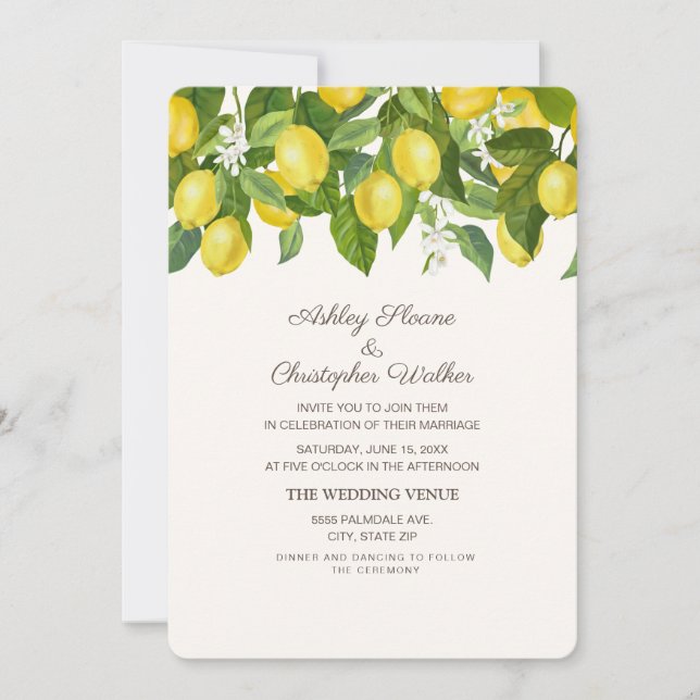 Convite de Casamento Amarelo Limões Branco (Frente)