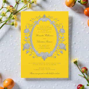 Convite de Casamento Amarelo Moldura Prata Floral 