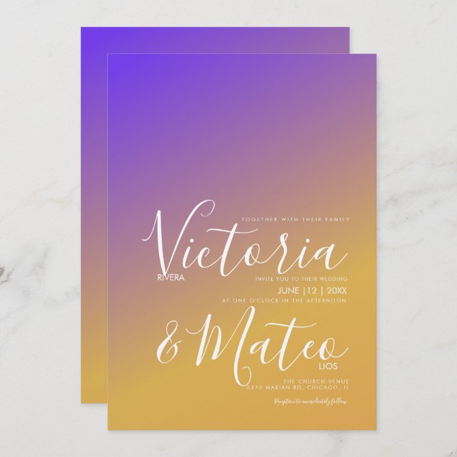 Convite De Casamento Amarelo Roxo Com Gradiente De (Frente/Verso)