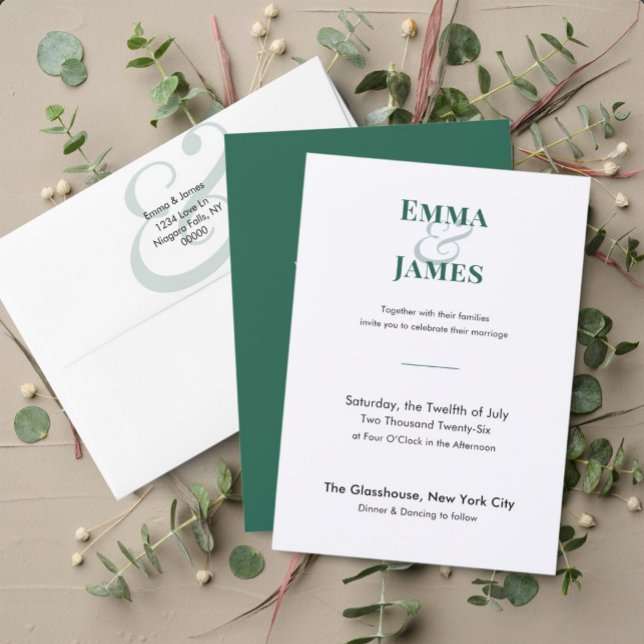 Convite de Casamento Ampersand Esmeralda Two-Tone  (Modern two-tone emerald invitation featuring clean typography and elegant minimalist design.)