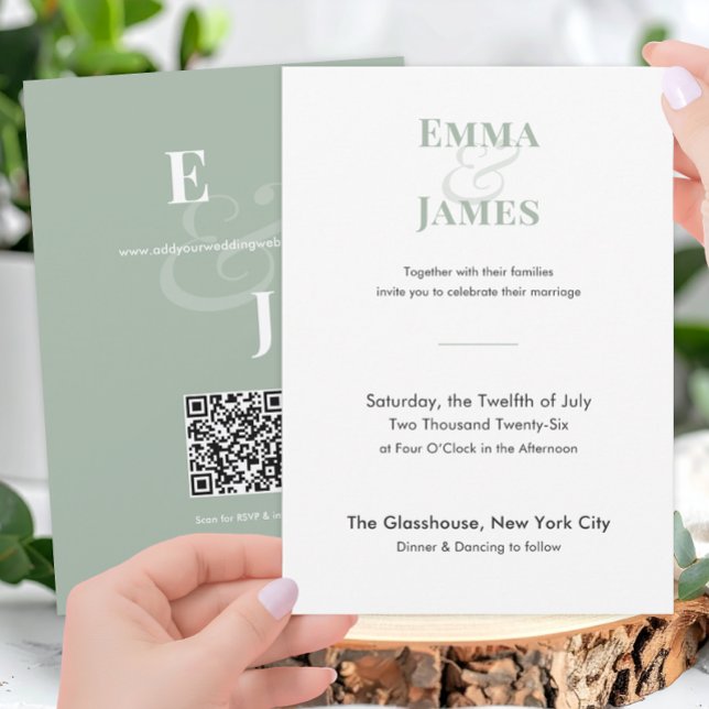 Convite de Casamento Ampersand Two-Tone Sage | QR (Two-tone Sage Minimalist modern wedding invitation featuring elegant typography, a subtle ampersand.)