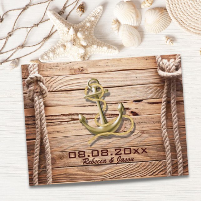 convite de casamento âncora de madeira na doca do  (ship dock wood beach anchor nautical save the date announcement postcard)