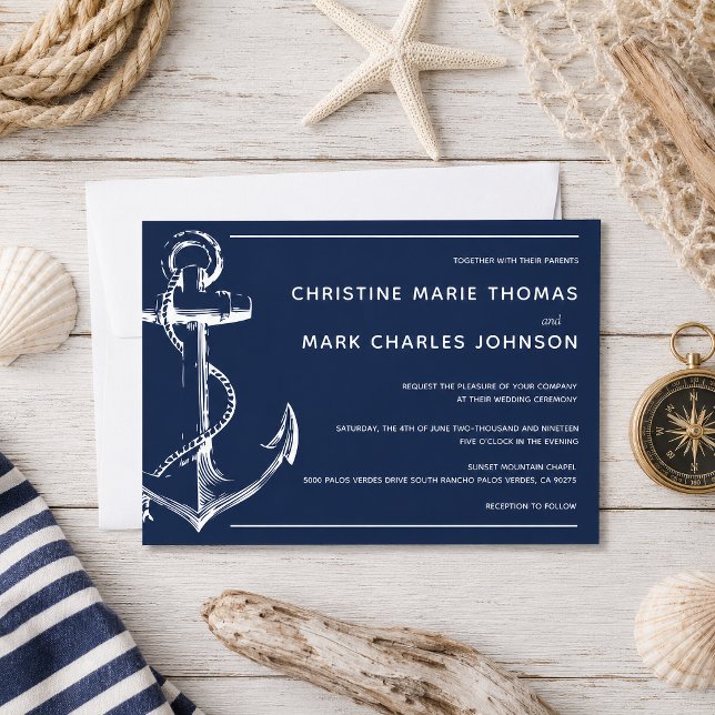 Convite de Casamento Âncora de Navio Branca Náutic (Tie the knot with this navy nautical sketch anchor wedding invitation.)