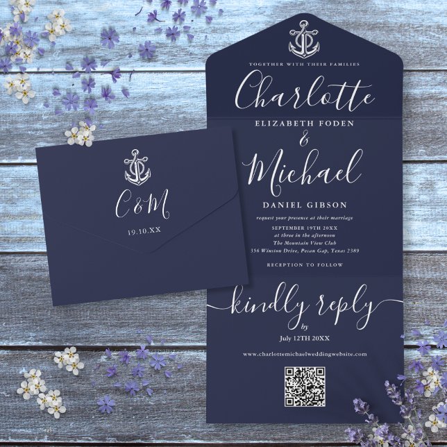 Convite de Casamento Âncora Náutica Azul Marinho c (Navy Blue QR Code Script Anchor Nautical Wedding All In One Invitation)