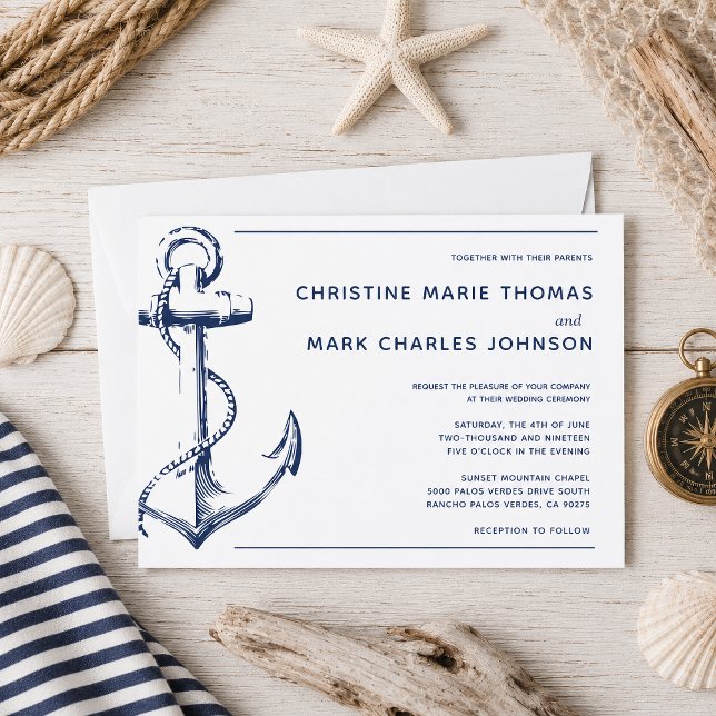 Convite de casamento âncora naval náutica branca (Tie the knot with this navy nautical sketch anchor wedding invitation.)