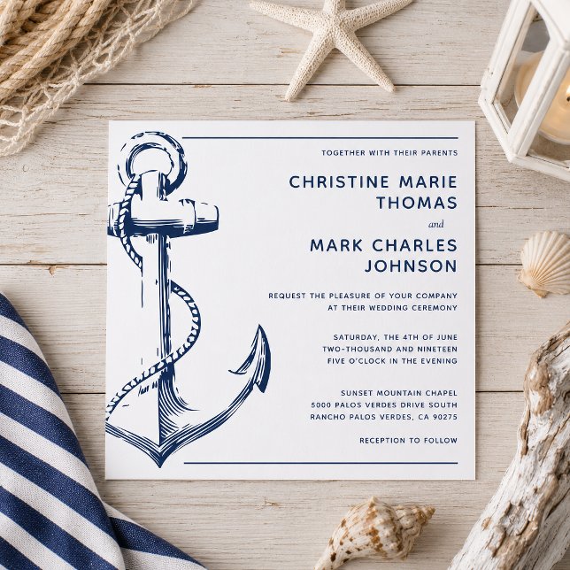 Convite de Casamento Âncora Naval Náutica Branco (Tie the knot with this nautical sketch anchor wedding square invitation.)